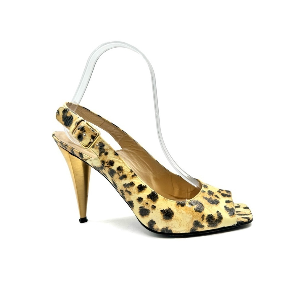 STUART WEITZMAN GOLD ANIMAL PRINTS SLING BACK HEELS OPEN TOE SHOE PATENT LEATHER
